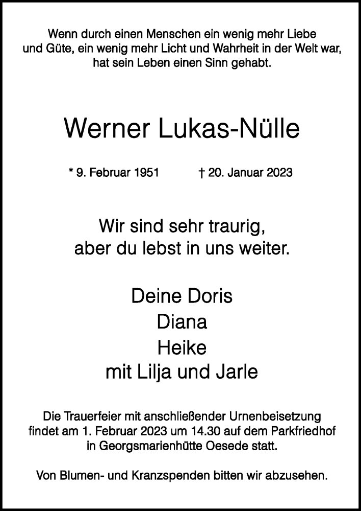 Traueranzeige Werner Lukas-Nülle
